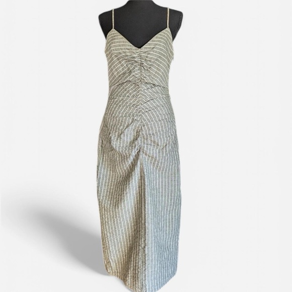 ZARA Striped Rustic Ruched Front Midi Dress - Picture 3 of 6